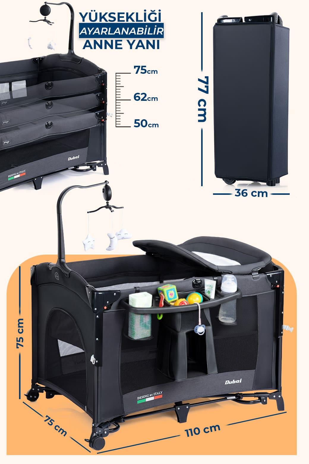 Prego Dubai 3in1 Anne Yanı Park Yatak Oyun Parkı Sallanır Beşik Yana Açılır - Kolay Katlanır +Yatak Hediye FÜME