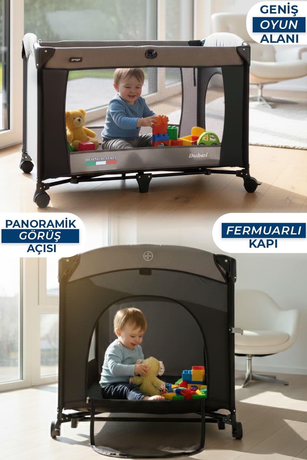 Prego Dubai 3in1 Anne Yanı Park Yatak Oyun Parkı Sallanır Beşik Yana Açılır - Kolay Katlanır +Yatak Hediye GRİ