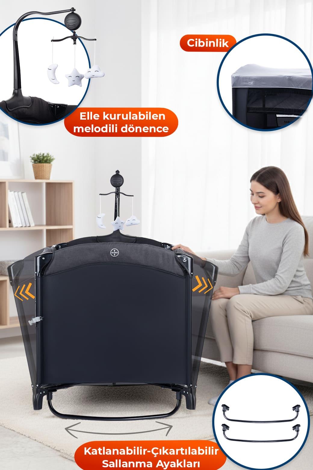 Prego Dubai 3in1 Anne Yanı Park Yatak Oyun Parkı Sallanır Beşik Yana Açılır - Kolay Katlanır +Yatak Hediye FÜME