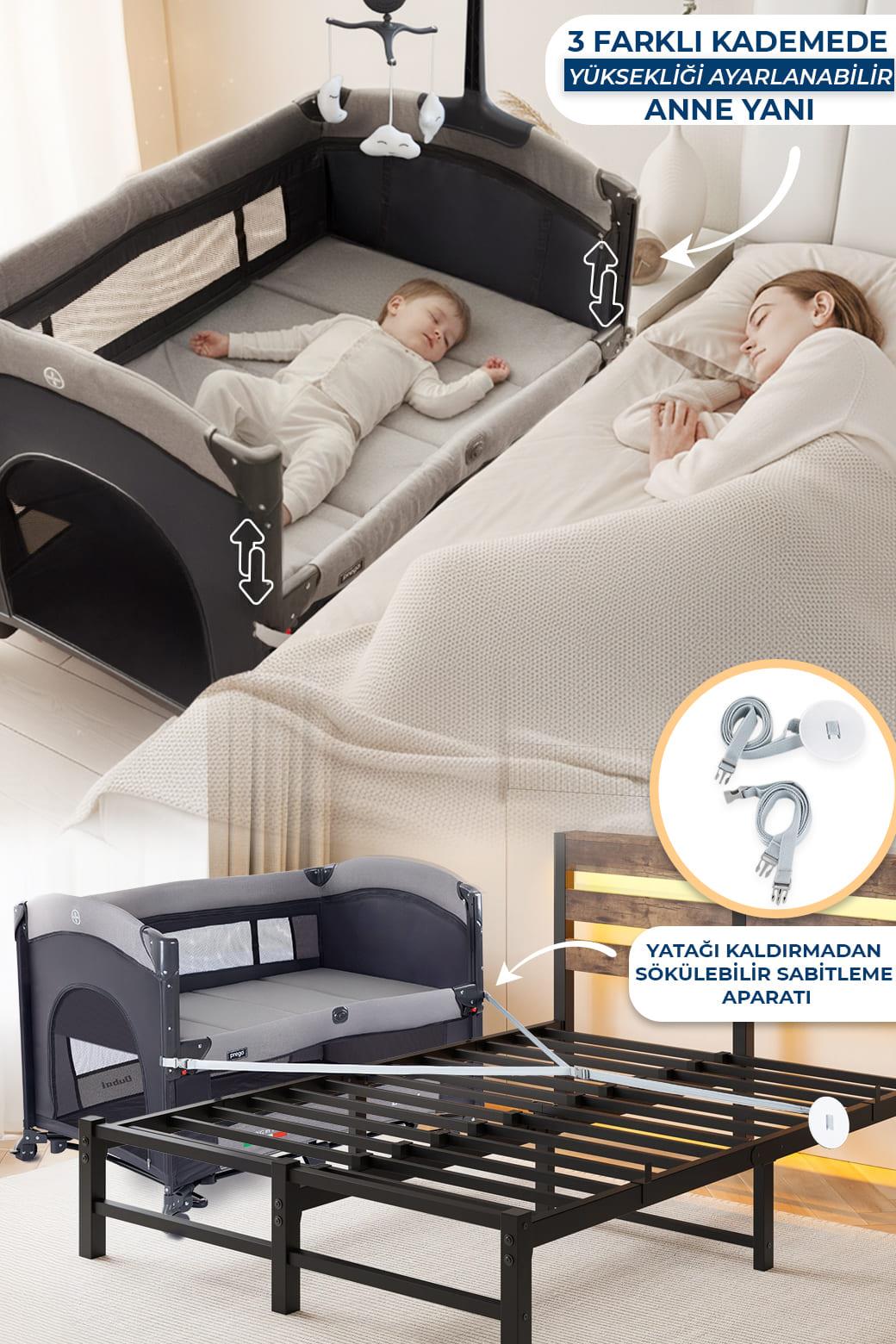 Prego Dubai 3in1 Anne Yanı Park Yatak Oyun Parkı Sallanır Beşik Yana Açılır - Kolay Katlanır +Yatak Hediye GRİ