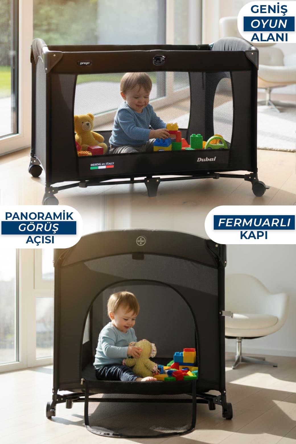 Prego Dubai 3in1 Anne Yanı Park Yatak Oyun Parkı Sallanır Beşik Yana Açılır - Kolay Katlanır +Yatak Hediye FÜME
