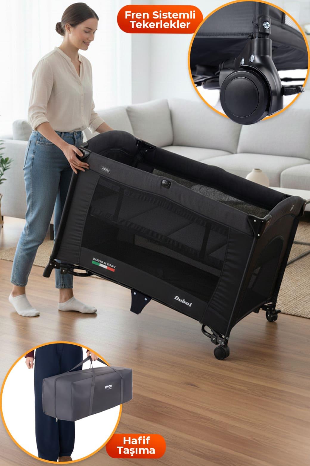 Prego Dubai 3in1 Anne Yanı Park Yatak Oyun Parkı Sallanır Beşik Yana Açılır - Kolay Katlanır +Yatak Hediye FÜME