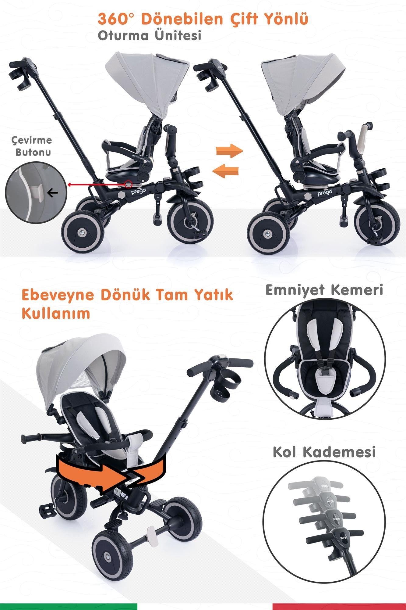 Prego Happy Dino Plus 360° Dönebilen Koltuklu Tamamen Katlanabilir Çocuk Bisikleti Gri P670