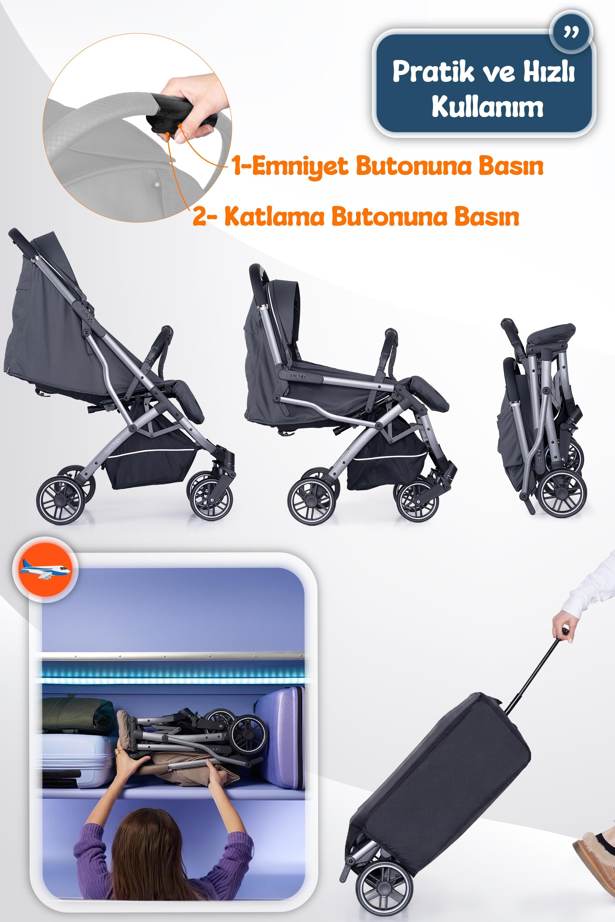Prego Lotus Pro Kabin Boy Travel Bebek Arabası -Tek Elle Katlanır-Hafif -UV Tenteli -Yağmurluk-Örtü-Kılıf Gri