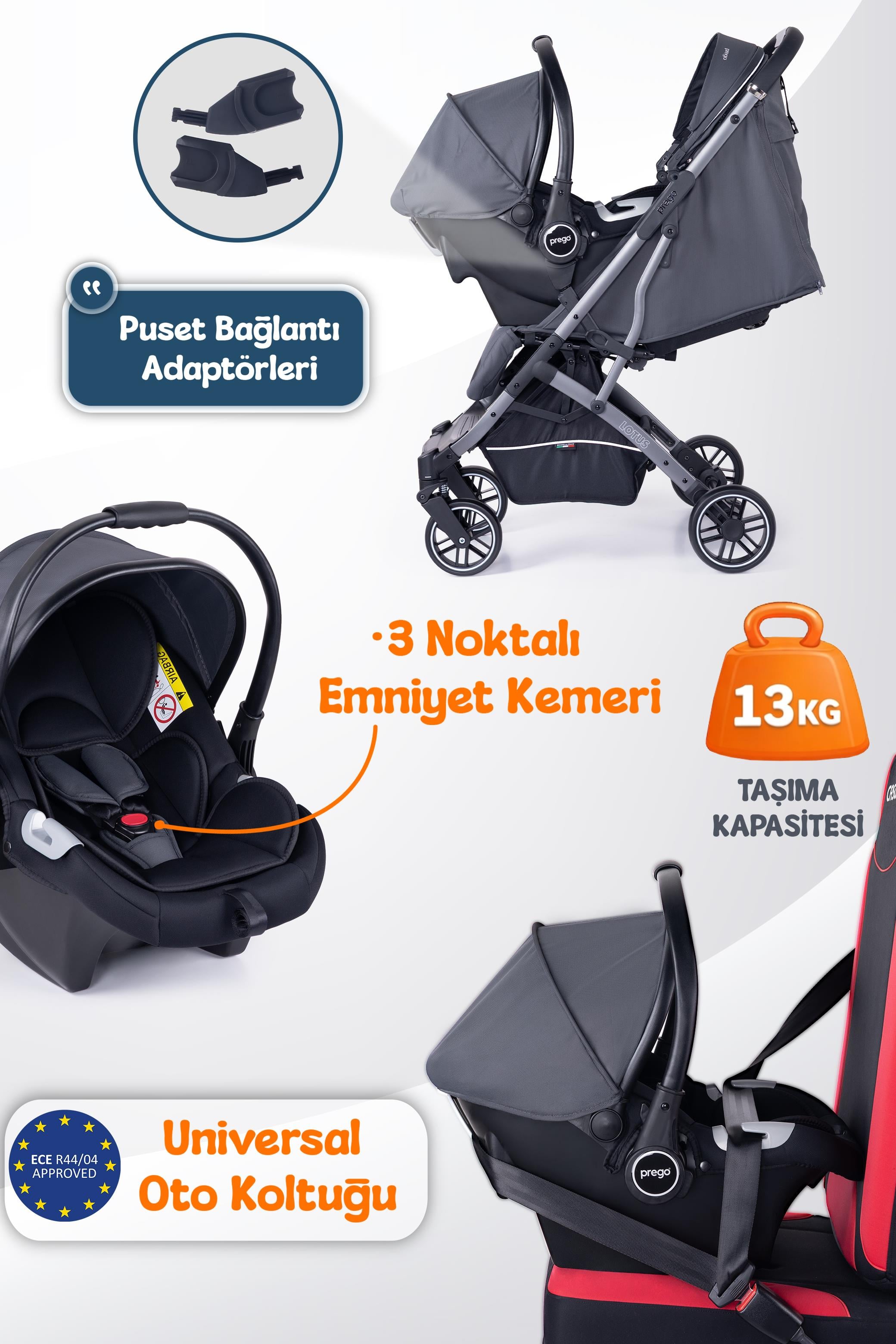 Prego Lotus Pro Kabin Boy Travel Bebek Arabası -Tek Elle Katlanır-Hafif -UV Tenteli -Yağmurluk-Örtü-Kılıf Gri