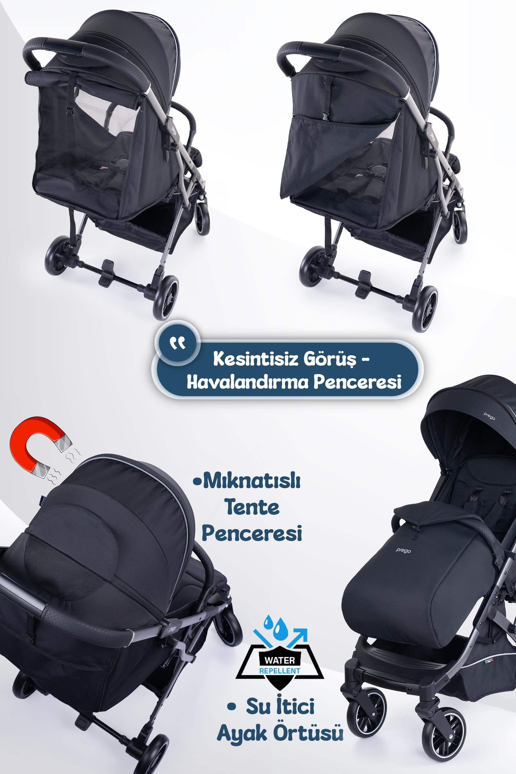Prego Lotus Pro Kabin Boy Travel Bebek Arabası -Tek Elle Katlanır-Hafif -UV Tenteli -Yağmurluk-Örtü-Kılıf Siyah