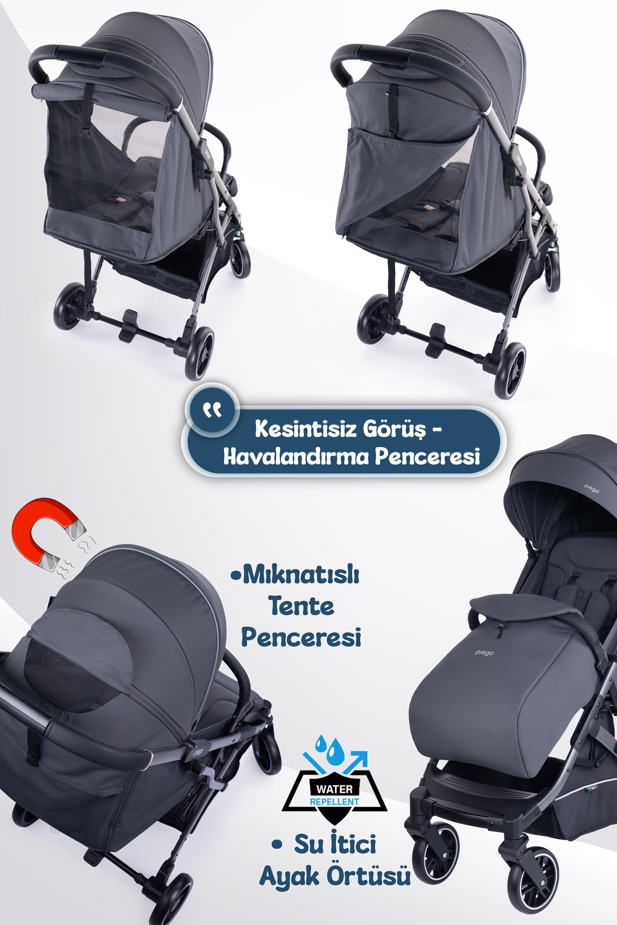 Prego Lotus Pro Kabin Boy Travel Bebek Arabası -Tek Elle Katlanır-Hafif -UV Tenteli -Yağmurluk-Örtü-Kılıf Gri