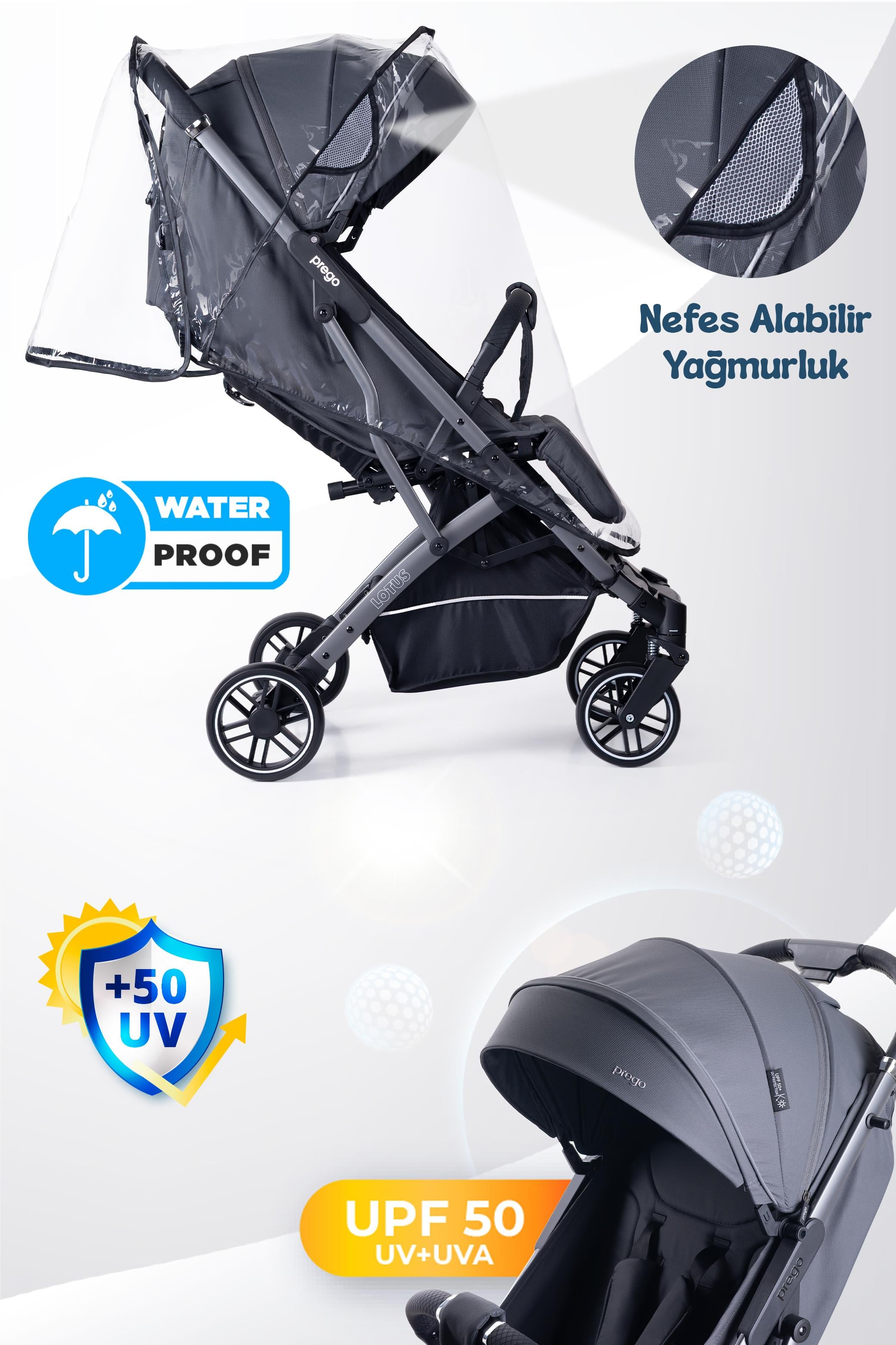 Prego Lotus Pro Kabin Boy Travel Bebek Arabası -Tek Elle Katlanır-Hafif -UV Tenteli -Yağmurluk-Örtü-Kılıf Gri