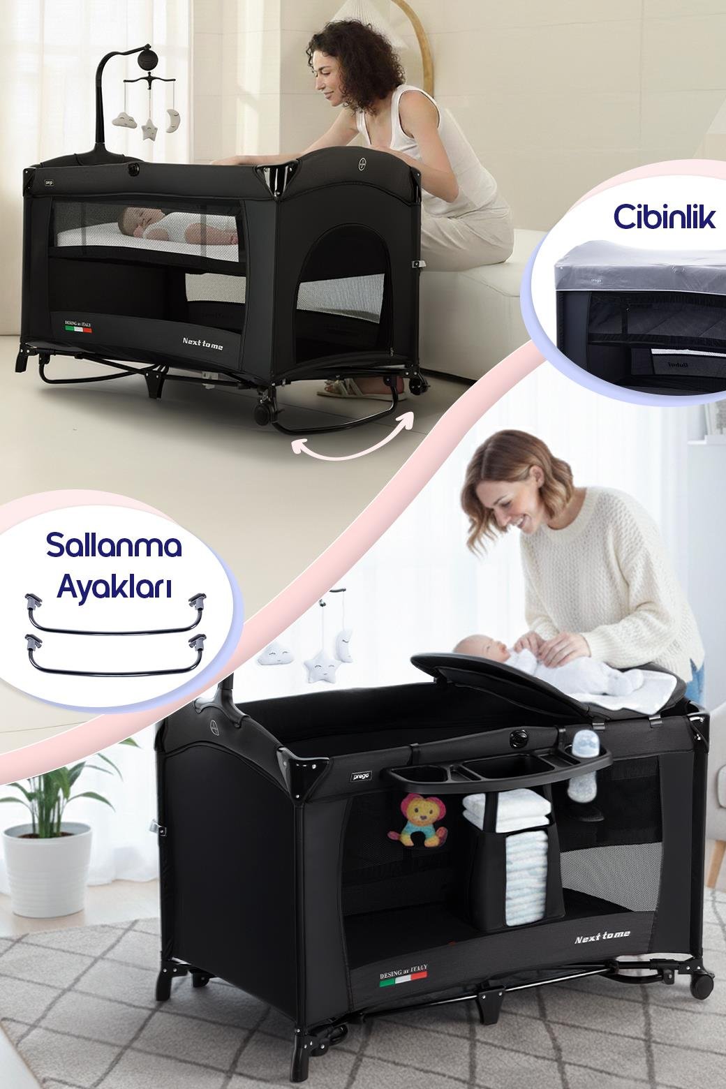 Prego Next To Me 10in1 Anne Yanı Park Yatak Oyun Parkı Sallanır Beşik Yana Açılır 70x120 Cm FÜME + Yatak Hediye