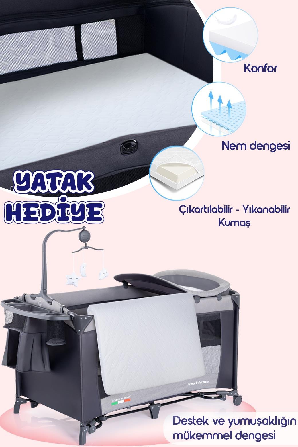 Prego Next To Me 10in1 Anne Yanı Park Yatak Oyun Parkı Sallanır Beşik Yana Açılır 70x120 Cm GRİ + Yatak Hediye