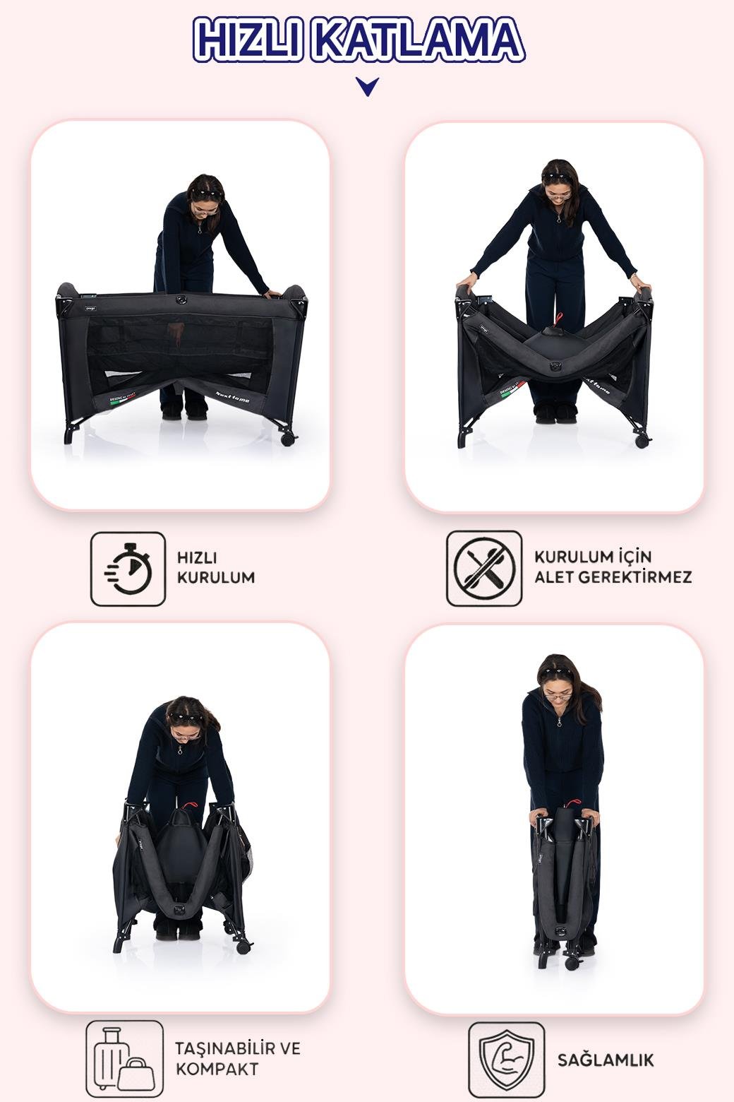 Prego Next To Me 10in1 Anne Yanı Park Yatak Oyun Parkı Sallanır Beşik Yana Açılır 70x120 Cm FÜME + Yatak Hediye