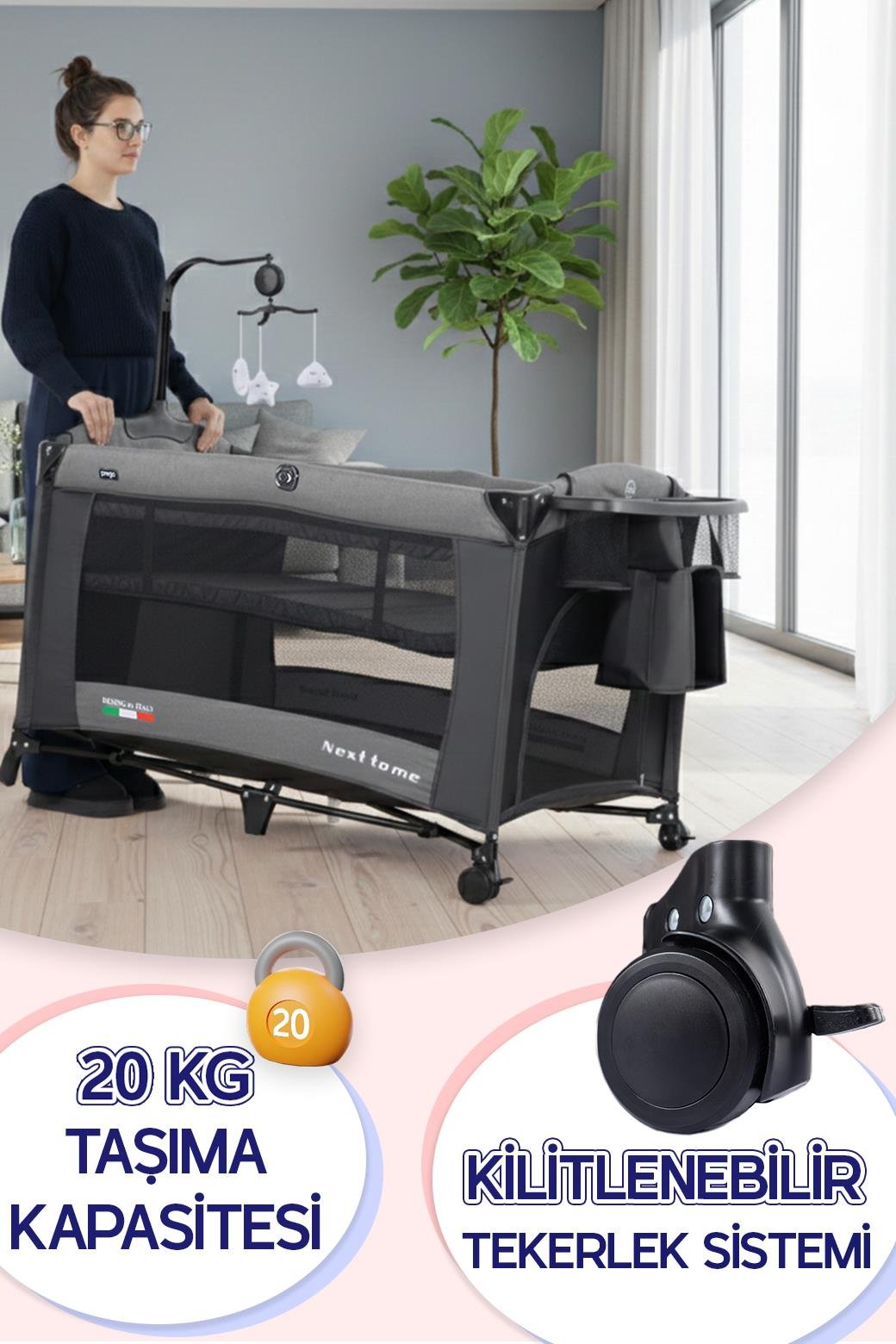 Prego Next To Me 10in1 Anne Yanı Park Yatak Oyun Parkı Sallanır Beşik Yana Açılır 70x120 Cm GRİ + Yatak Hediye