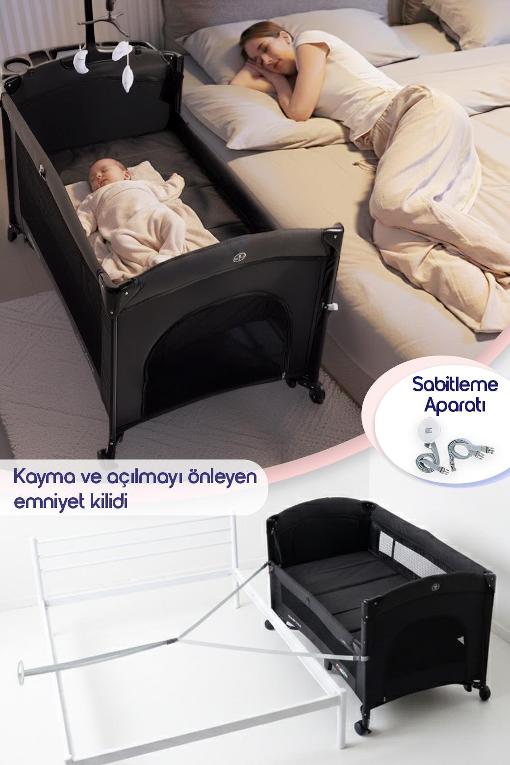 Prego Next To Me 10in1 Anne Yanı Park Yatak Oyun Parkı Sallanır Beşik Yana Açılır 70x120 Cm FÜME + Yatak Hediye