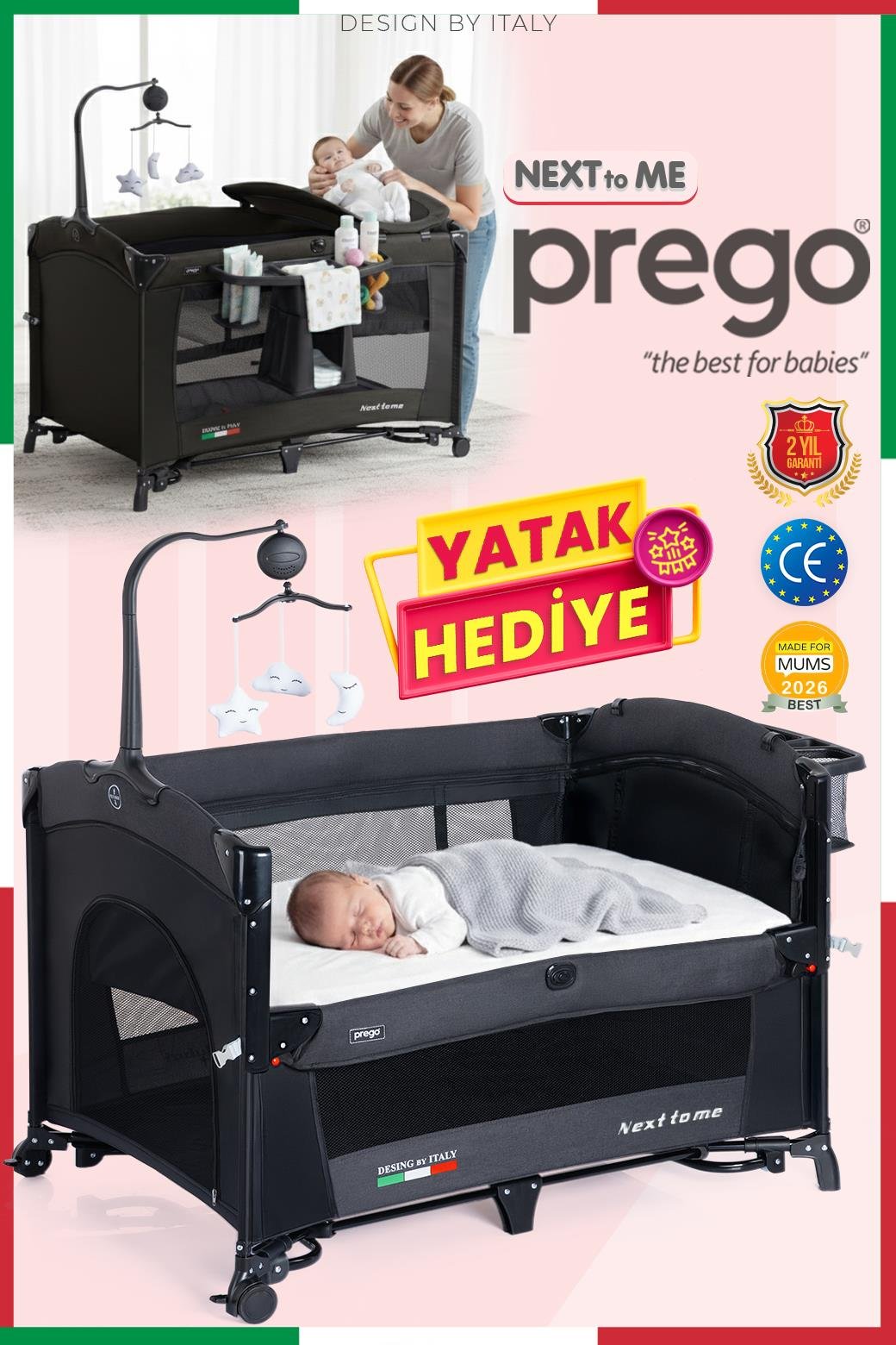 Prego Next To Me 10in1 Anne Yanı Park Yatak Oyun Parkı Sallanır Beşik Yana Açılır 70x120 Cm FÜME + Yatak Hediye