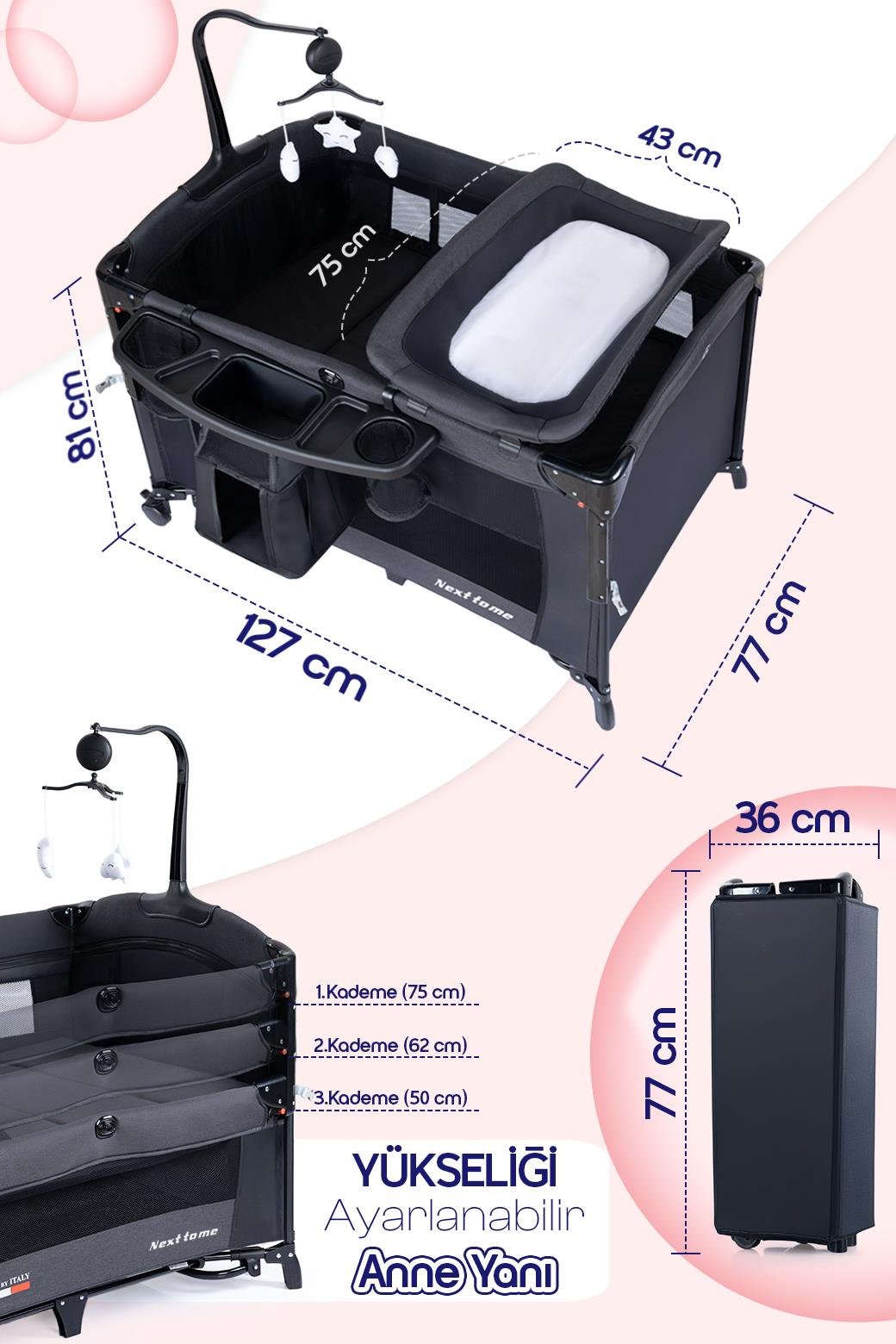 Prego Next To Me 10in1 Anne Yanı Park Yatak Oyun Parkı Sallanır Beşik Yana Açılır 70x120 Cm FÜME + Yatak Hediye