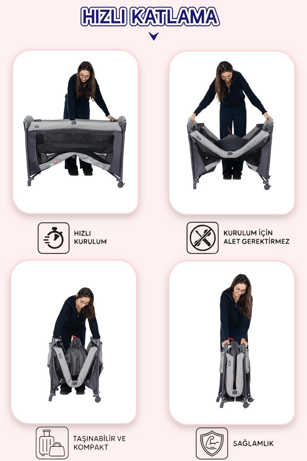 Prego Next To Me 10in1 Anne Yanı Park Yatak Oyun Parkı Sallanır Beşik Yana Açılır 70x120 Cm GRİ + Yatak Hediye