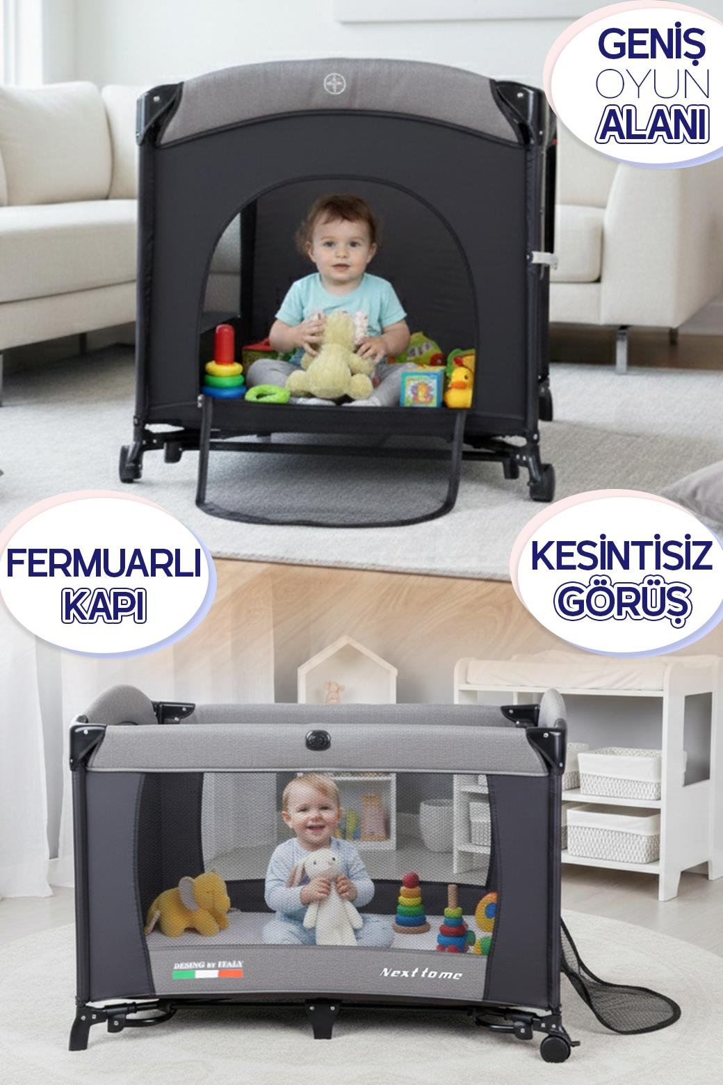 Prego Next To Me 10in1 Anne Yanı Park Yatak Oyun Parkı Sallanır Beşik Yana Açılır 70x120 Cm GRİ + Yatak Hediye