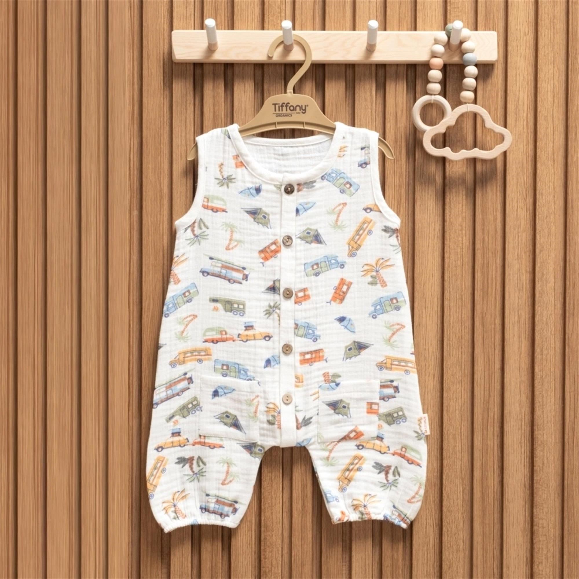 Tiffany Baby Erkek Bebek Müslin Caravan Theme Kolsuz Kısa Tulum Beyaz 61023