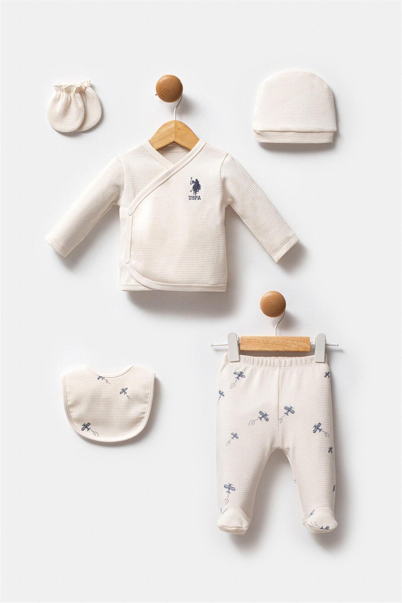 U.S. Polo Assn. Erkek Bebek 5'li Hastane Çıkış Seti Ekru USB2603