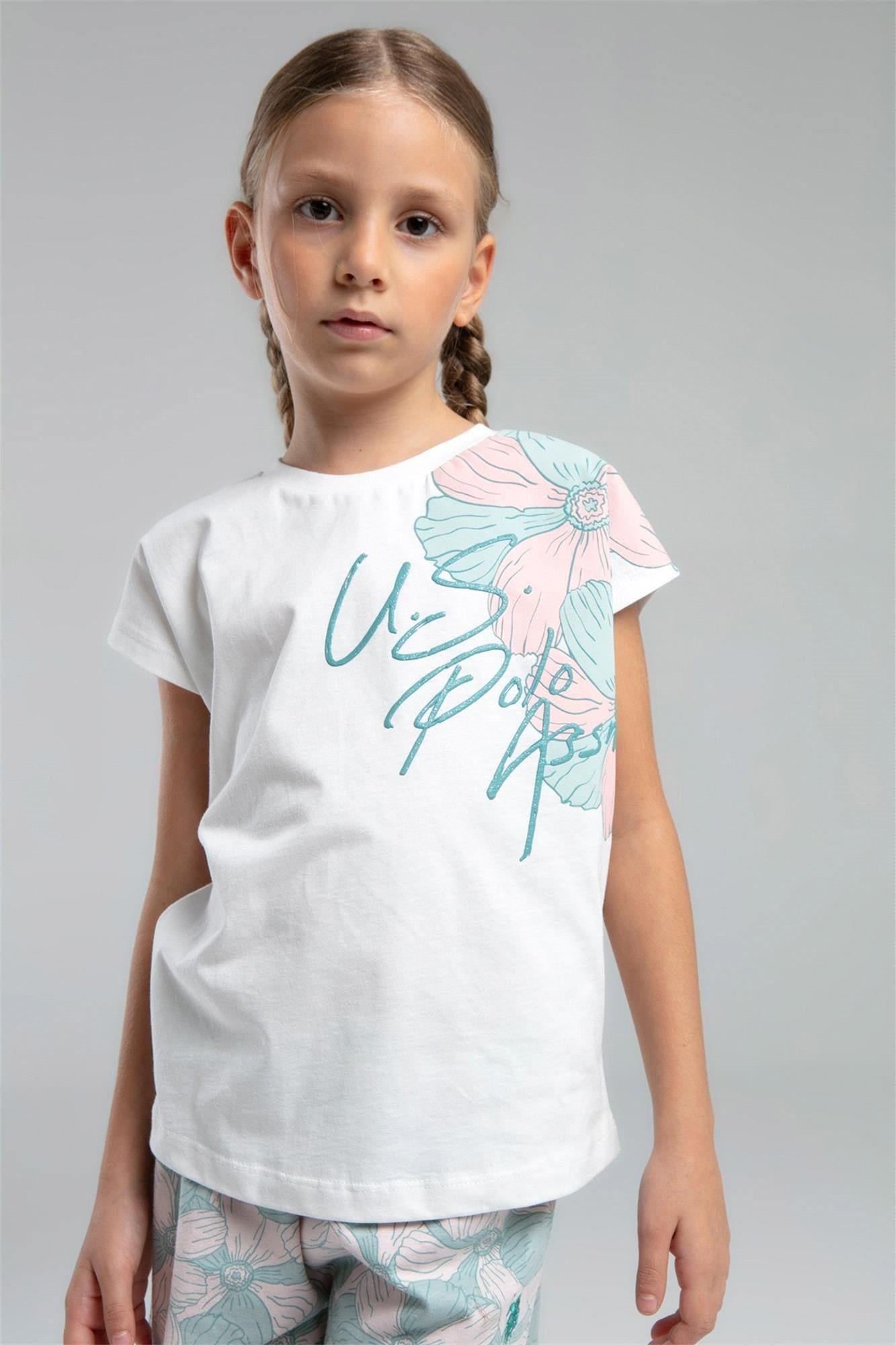 U.S. Polo Assn. Kız Çocuk Tişört Şort Takım Krem US2079-4