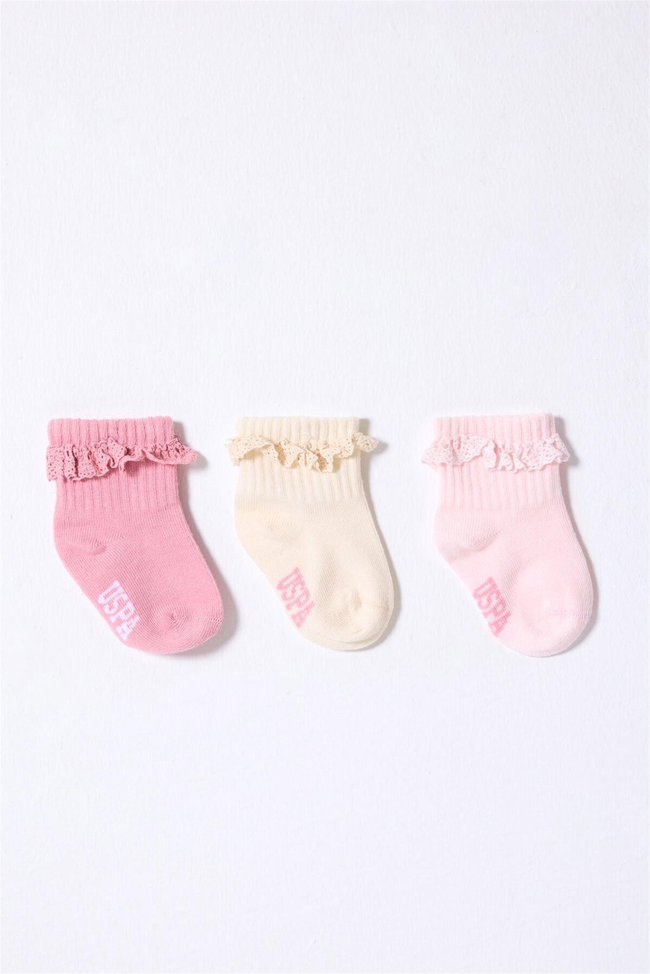 U.S. Polo Assn. Kız Bebek 3'lü Çorap Set Pembe USB2208