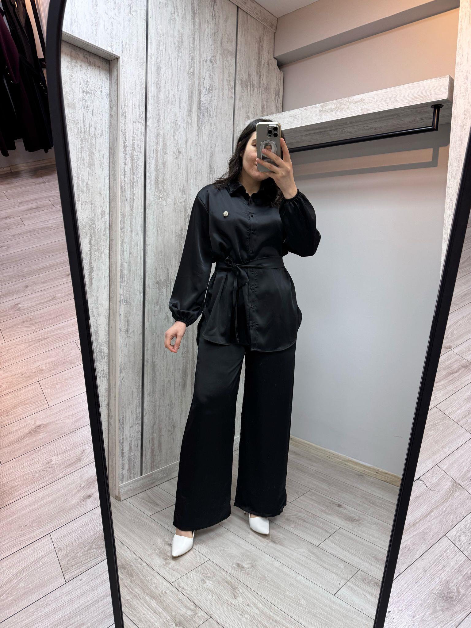 Merwish 1363 Siyah Coton Kumaş Pantolonlu Takım