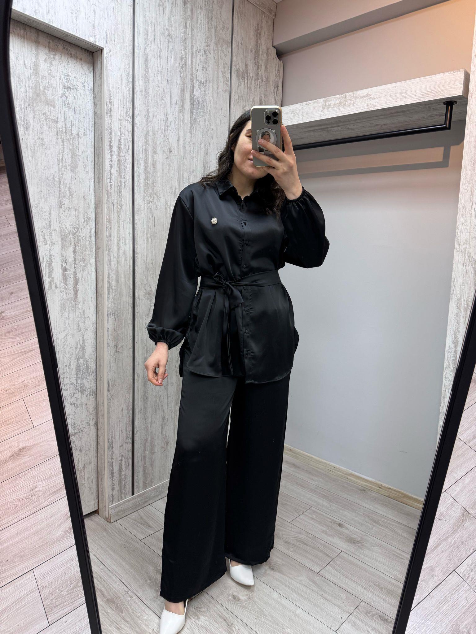 Merwish 1363 Siyah Coton Kumaş Pantolonlu Takım
