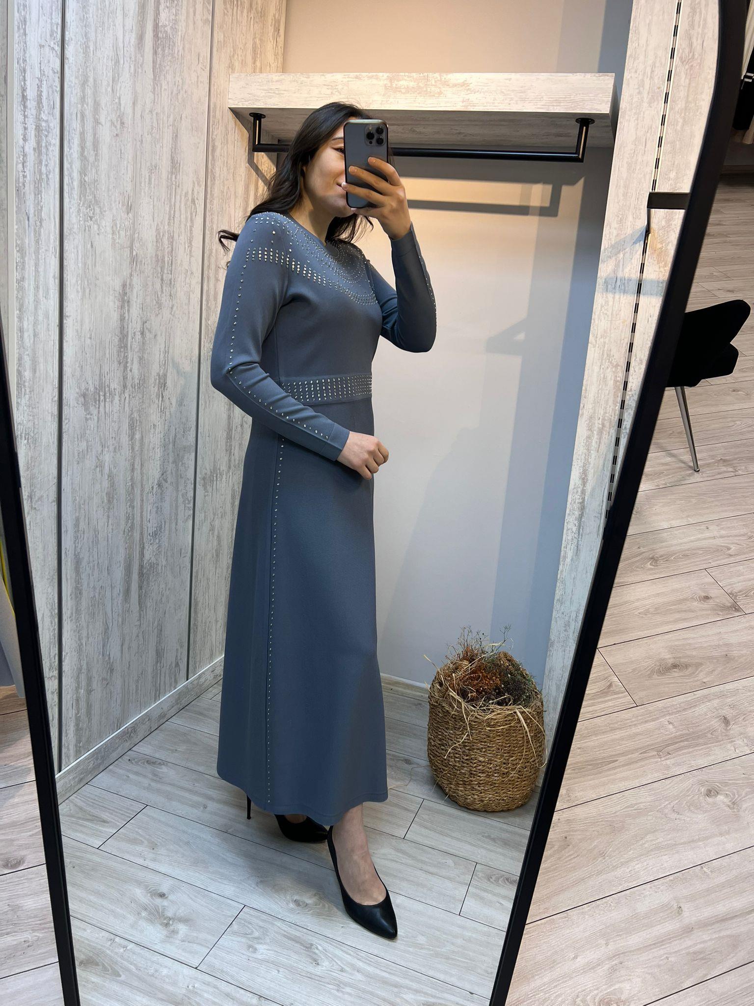 Missdalida 4018 Bullet Yakası Taşlı Merserize Elbise