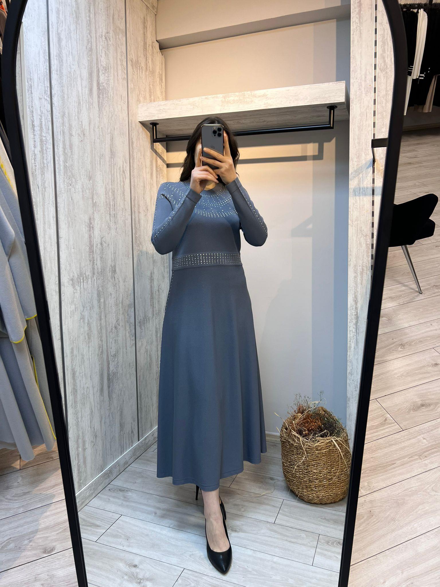Missdalida 4018 Bullet Yakası Taşlı Merserize Elbise