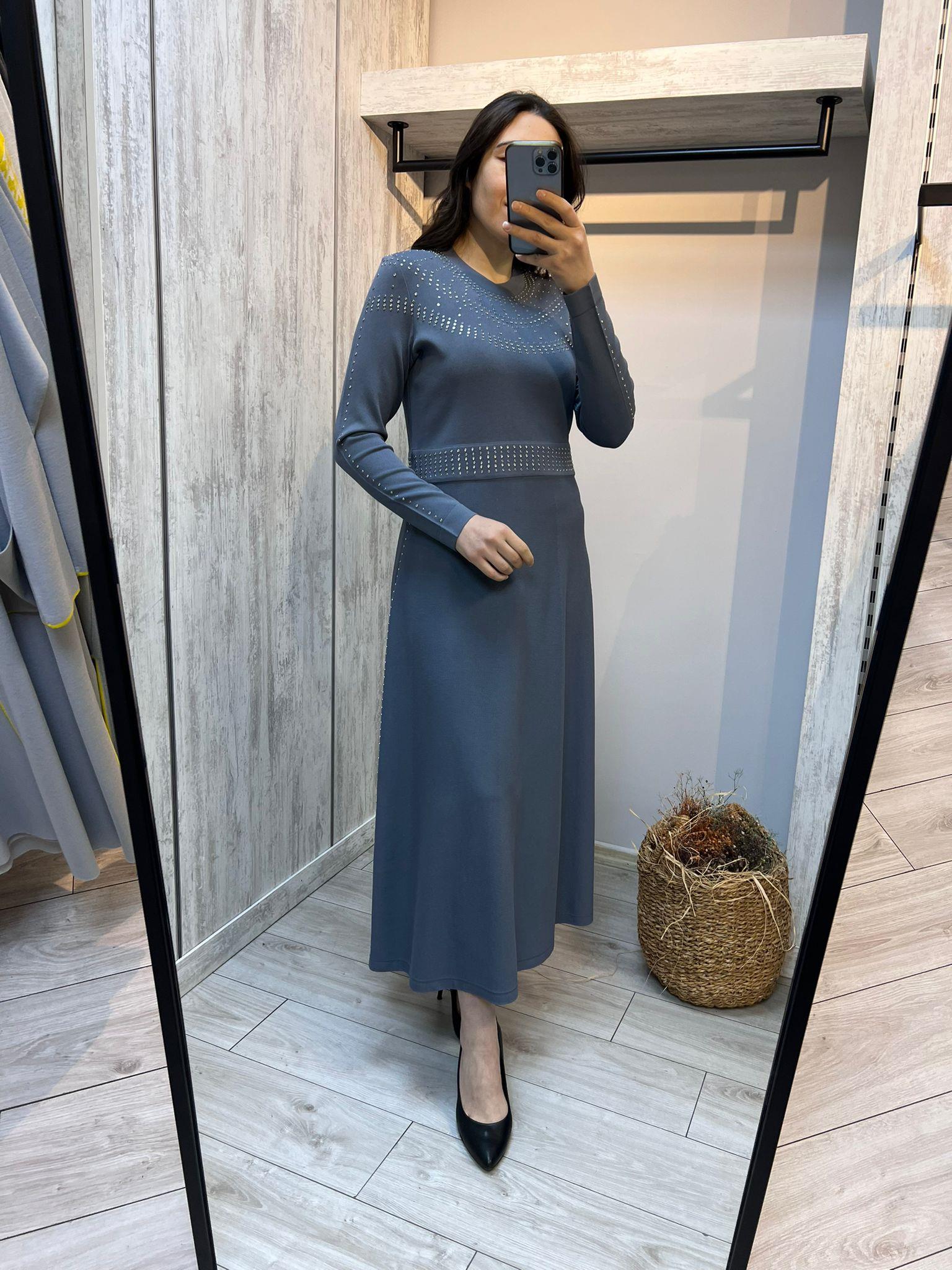 Missdalida 4018 Bullet Yakası Taşlı Merserize Elbise