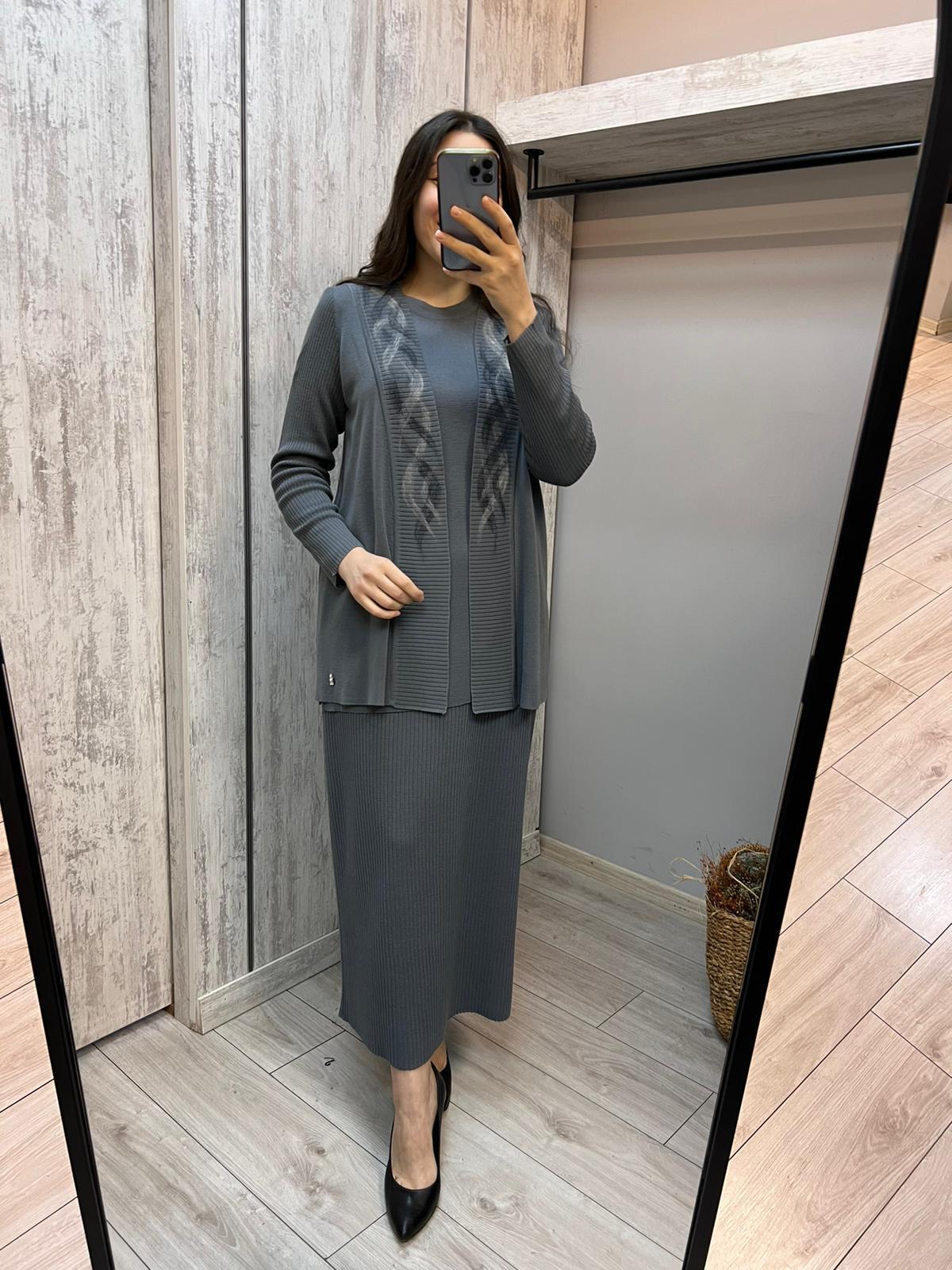 Missdalida 9028 Keçe Detaylı Dark Grey Triko Ceket