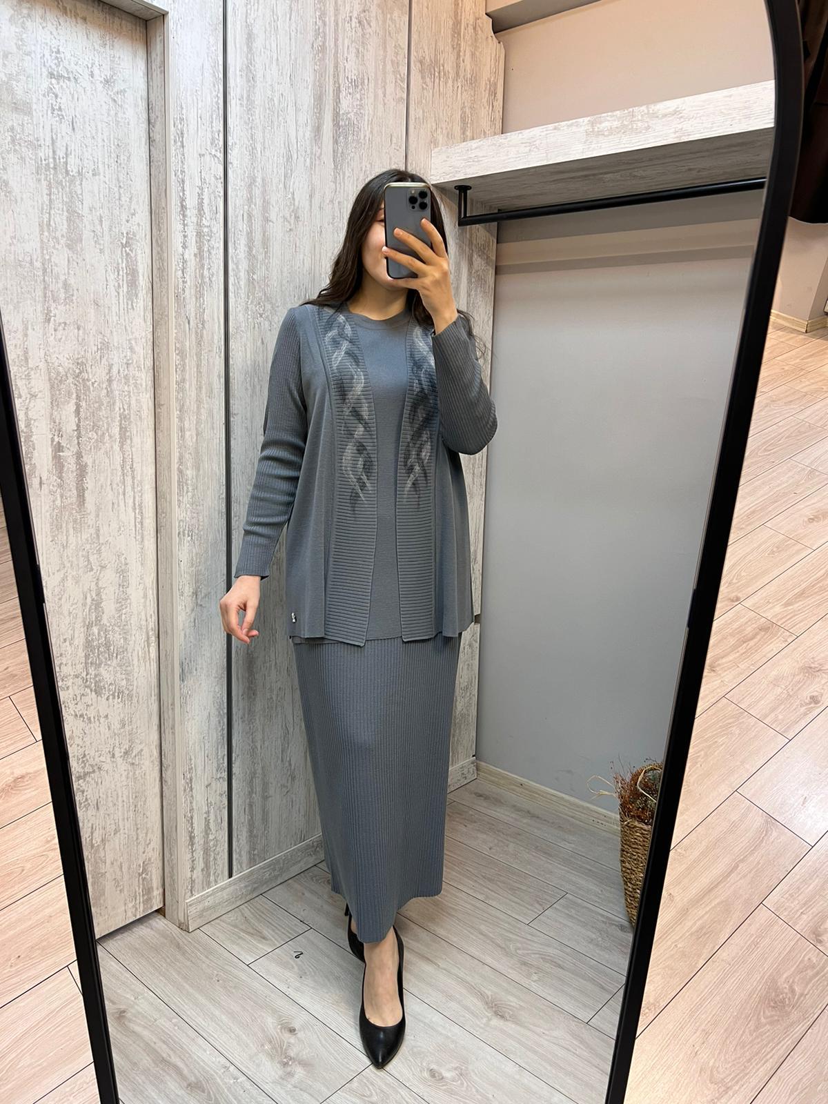 Missdalida 9028 Keçe Detaylı Dark Grey Triko Ceket