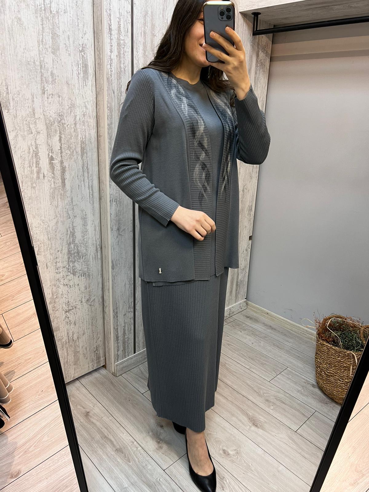 Missdalida 9028 Keçe Detaylı Dark Grey Triko Ceket