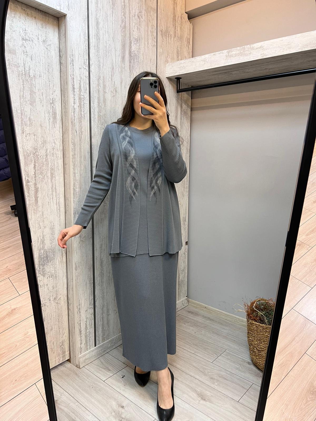 Missdalida 9028 Keçe Detaylı Dark Grey Triko Ceket