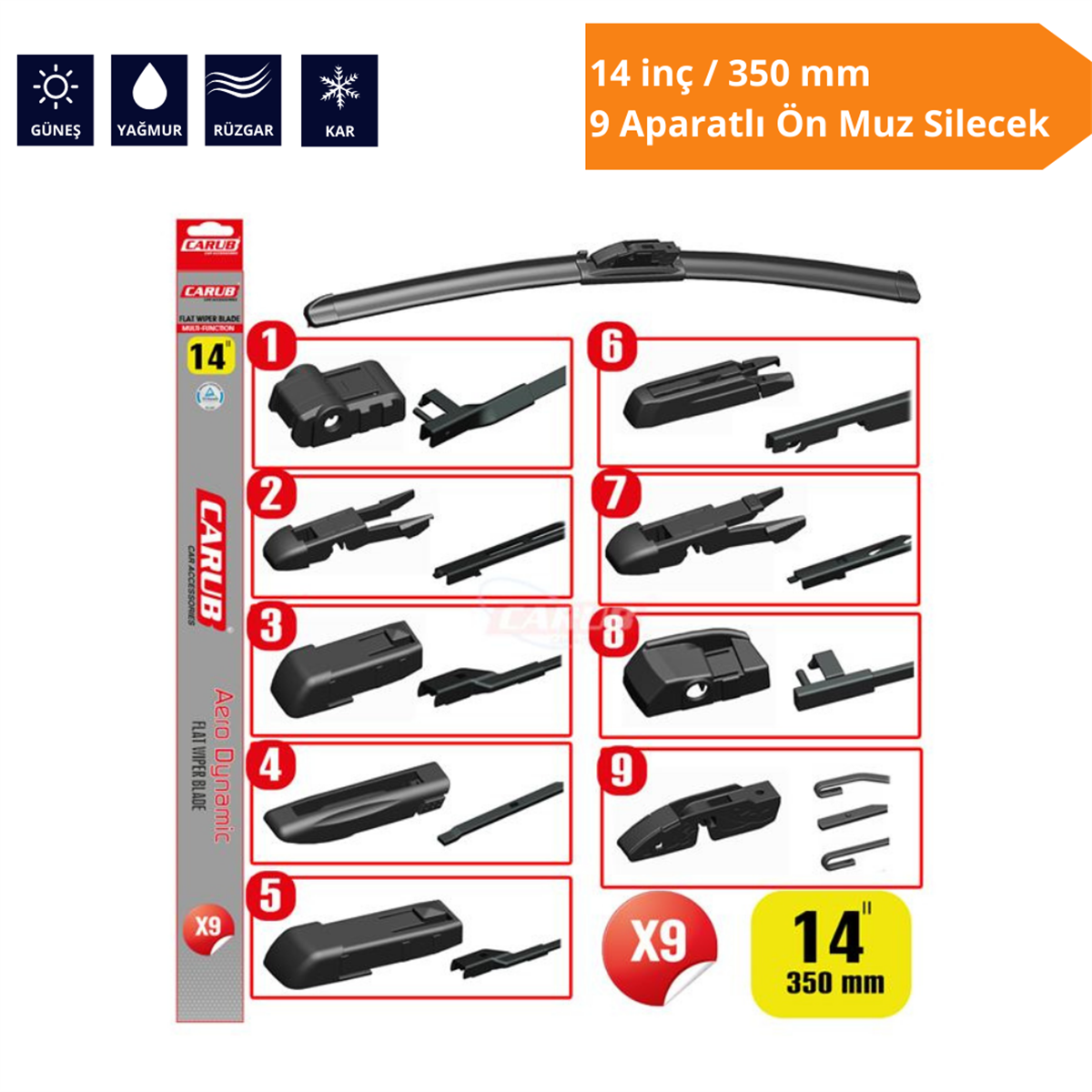 9 Aparatlı Ön Muz Silecek 14 inç/350 mm Kod:1353351