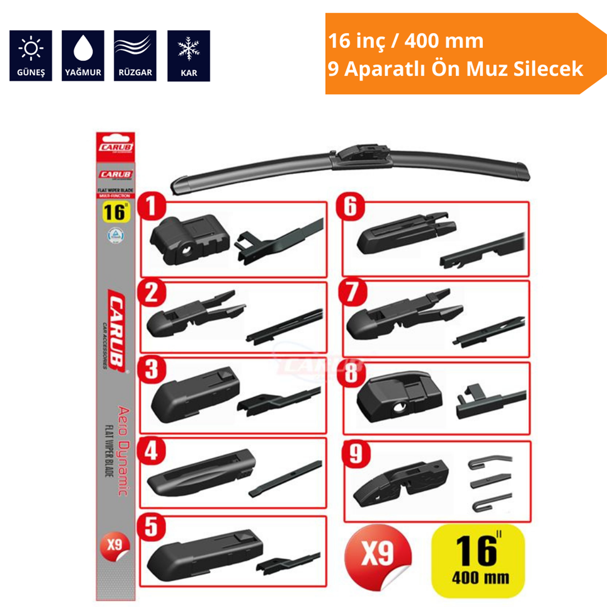 9 Aparatlı Ön Muz Silecek 16 inç/400 mm Kod:1353353