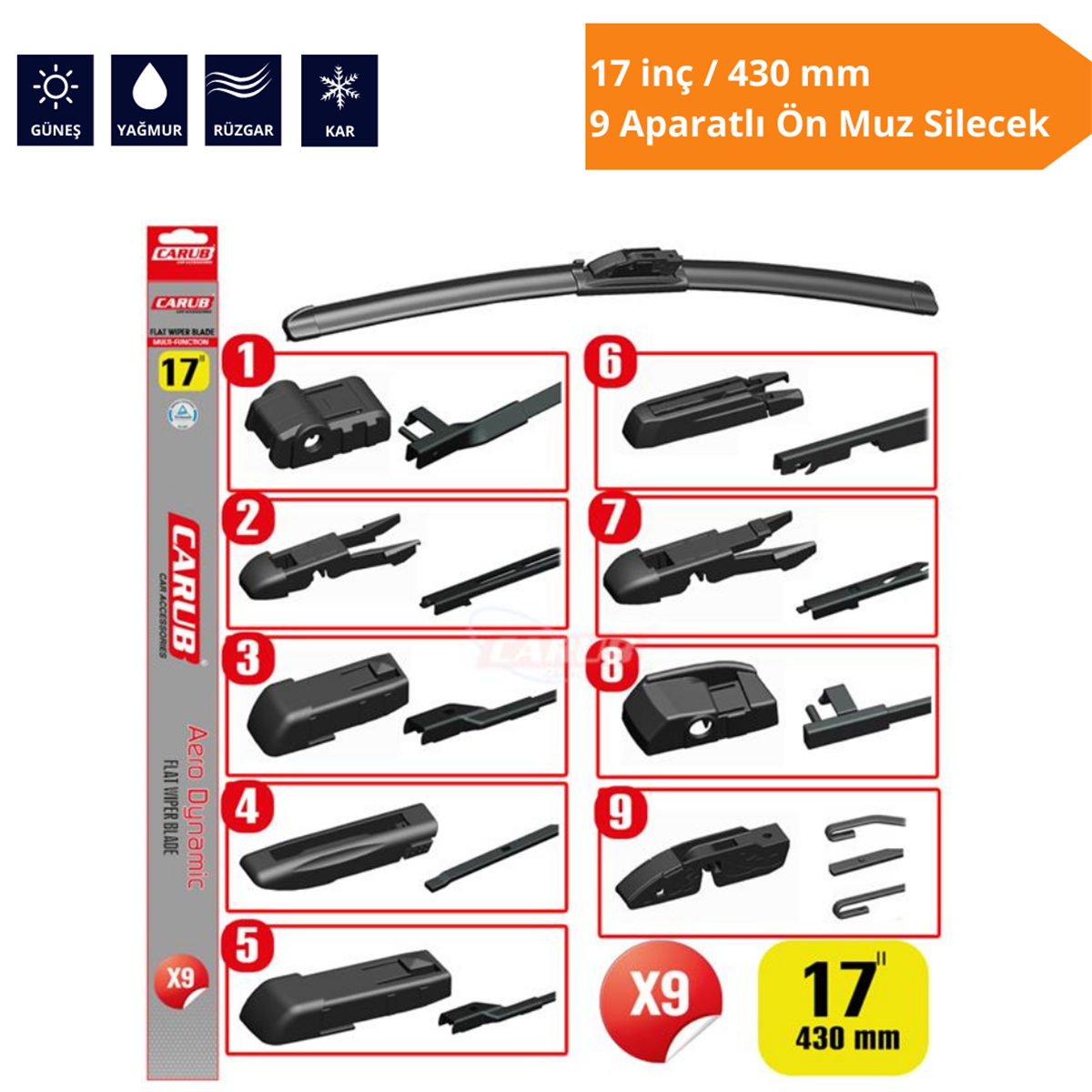 9 Aparatlı Ön Muz Silecek 17 inç/430 mm Kod:1353354