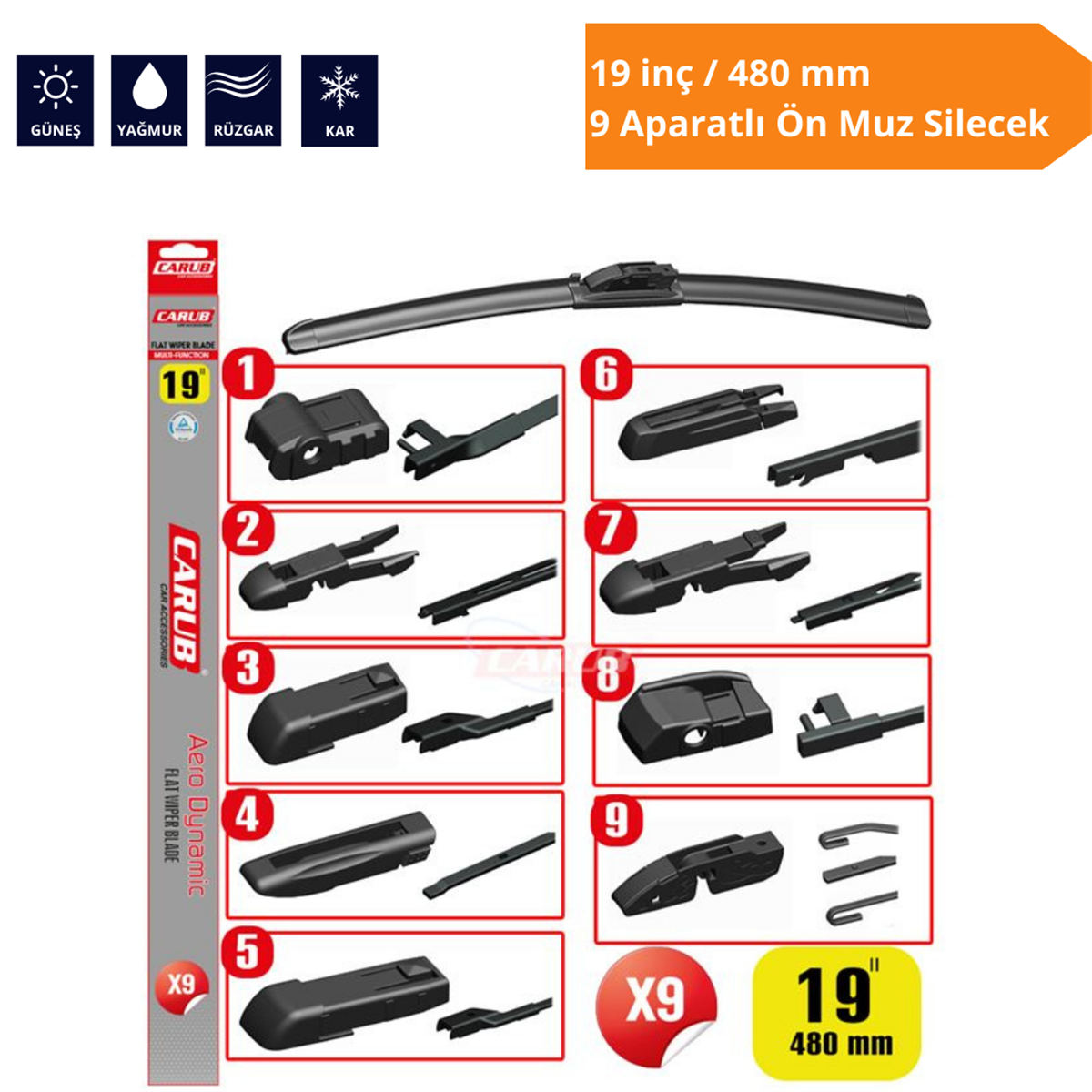 9 Aparatlı Ön Muz Silecek 19 inç/480 mm Kod:1353356