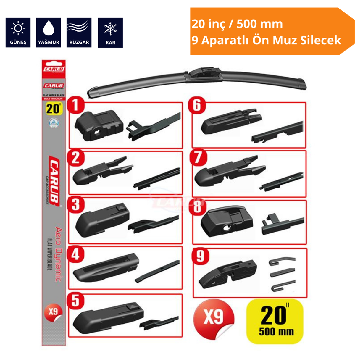 9 Aparatlı Ön Muz Silecek 20 inç/500 mm Kod:1353357