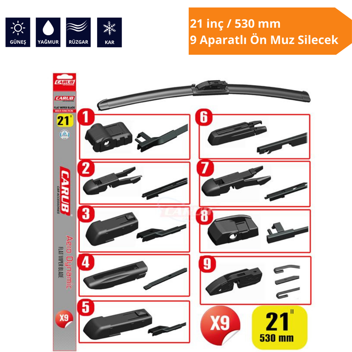 9 Aparatlı Ön Muz Silecek 21 inç/530 mm Kod:1353358