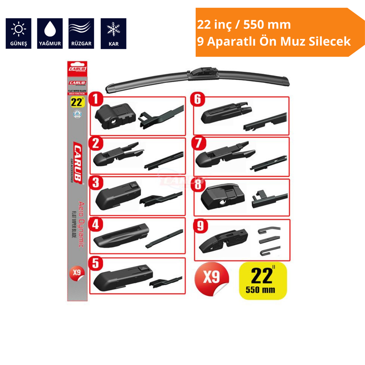 9 Aparatlı Ön Muz Silecek 22 inç/550 mm Kod:1353359