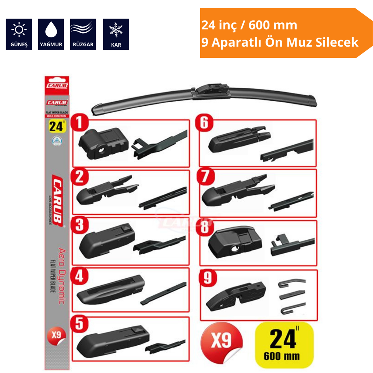 9 Aparatlı Ön Muz Silecek 24 inç/600 mm Kod:1353360