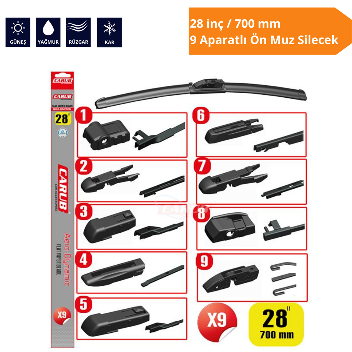 9 Aparatlı Ön Muz Silecek 28 inç/700 mm Kod:1353362