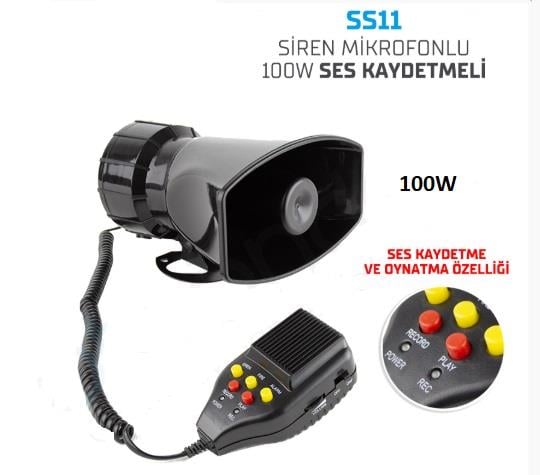SİREN MİKRAFONLU 12V 100W SES KAYDETMELİ KOD:SS11