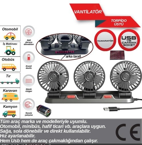 VANTİLATÖR TORPİDO ÜSTÜ USB ÜÇLÜ PARKMATİK KOD:6400620