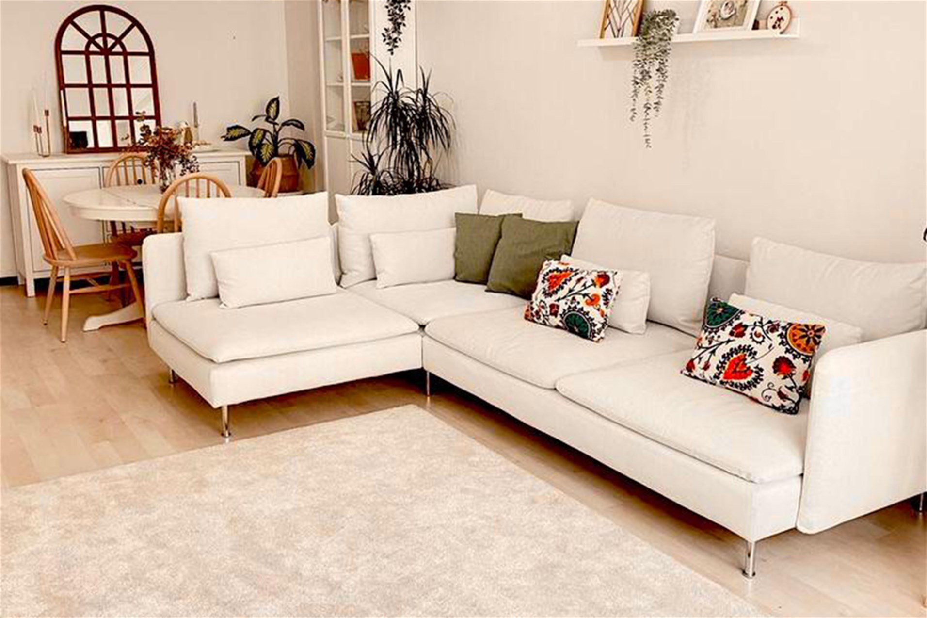 Bella Sağ Köşe Takımı (Kırık Beyaz Ekru) 291x192cm Babyface 01, Gümüş Metal Ayak