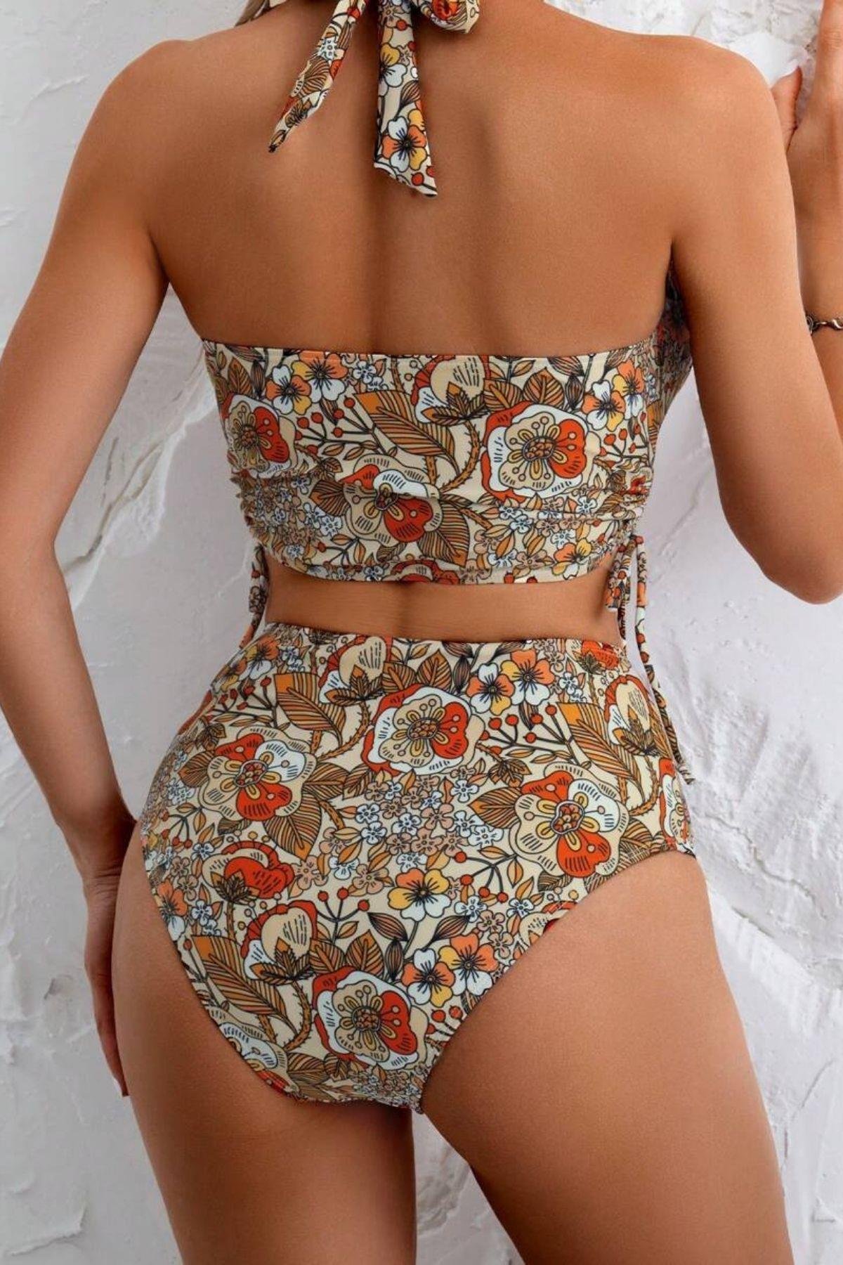 Bella Notte  Çok Renkli Çiçek Bahçesi Yüksel Bel Bikini Takım M-9027