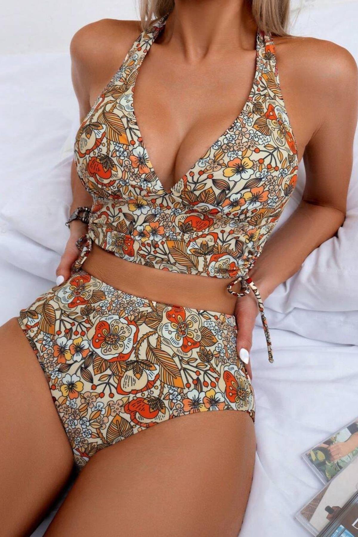 Bella Notte  Çok Renkli Çiçek Bahçesi Yüksel Bel Bikini Takım M-9027