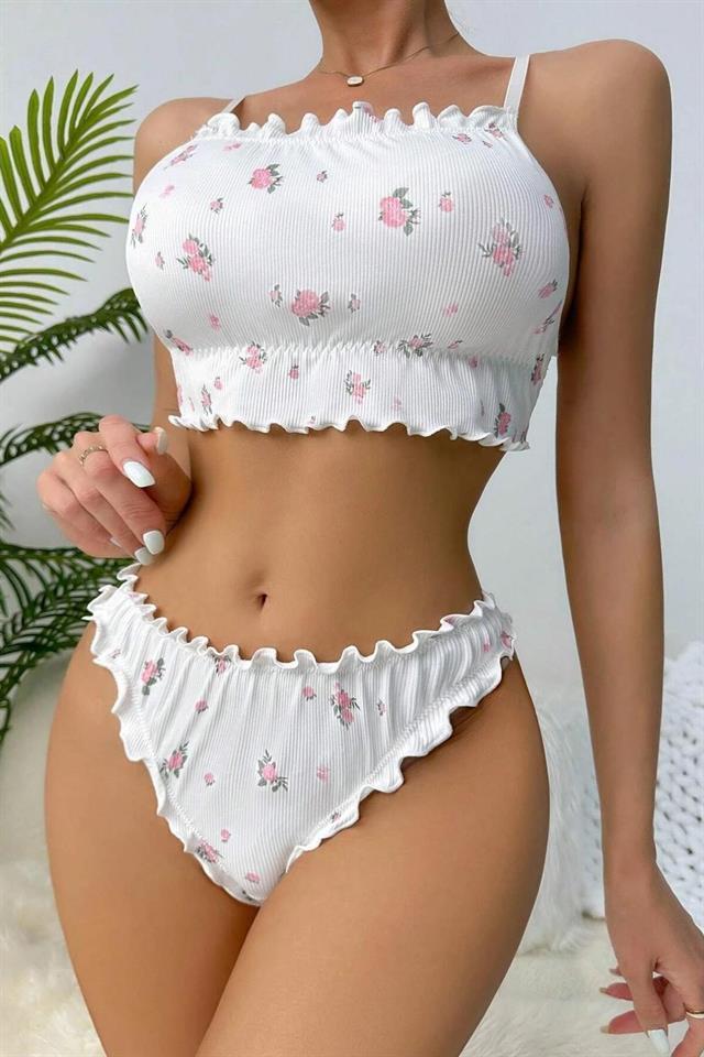 Bella Notte Beyaz Çiçek Desenli Marum Trim Alt Üst Takım 16088