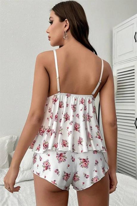 Bella Notte Beyaz Çiçek Desenli Şort Takım 7536